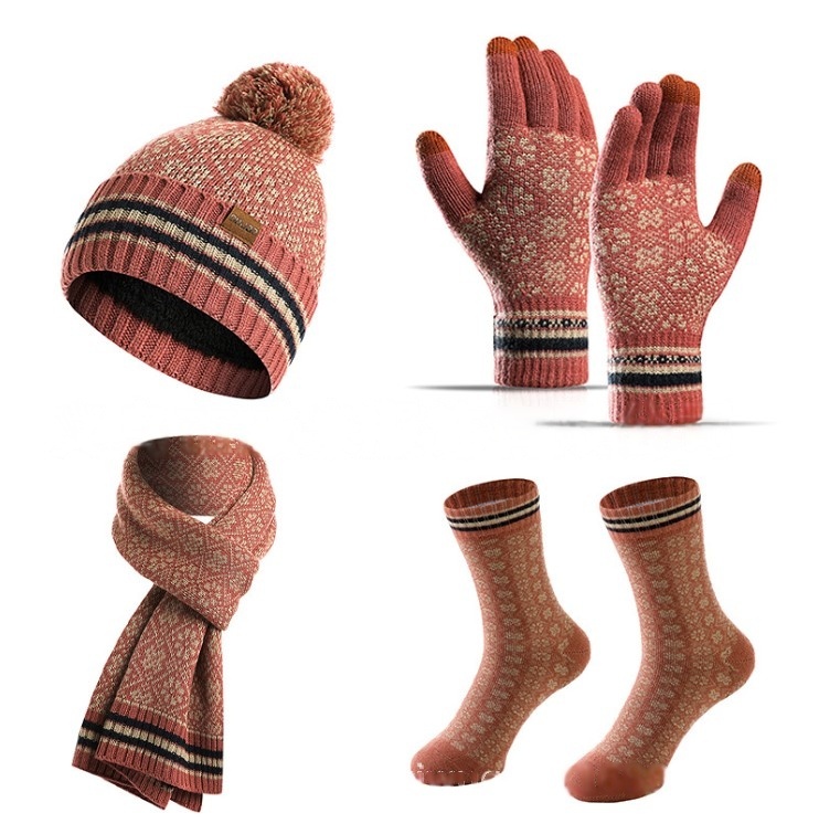 "Women 4 Pieces Winter Beanie Hat Scarf Touch Screen Gloves Warm Socks Set "